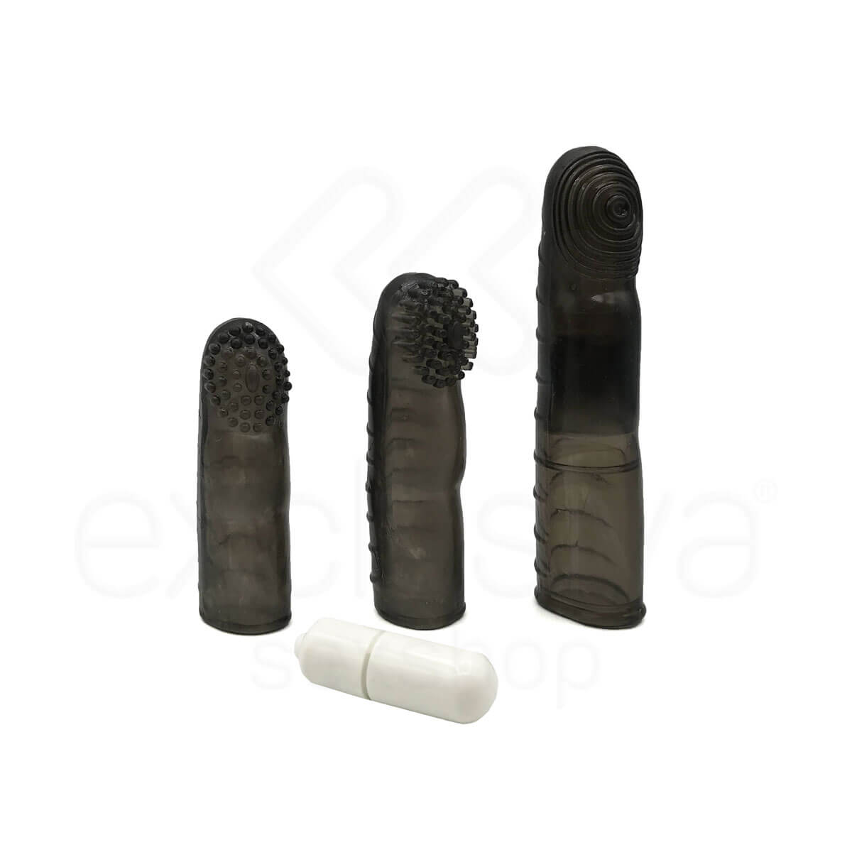 Kit com 3 Capas para Dedo em Silicone Atóxico com Texturas Massageadoras, Cápsula Vibratória e Vibração Única - Love Nest - 10,8 x 2,4 cm - 4