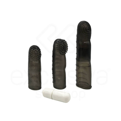 Kit com 3 Capas para Dedo em Silicone Atóxico com Texturas Massageadoras, Cápsula Vibratória e Vibração Única - Love Nest - 10,8 x 2,4 cm