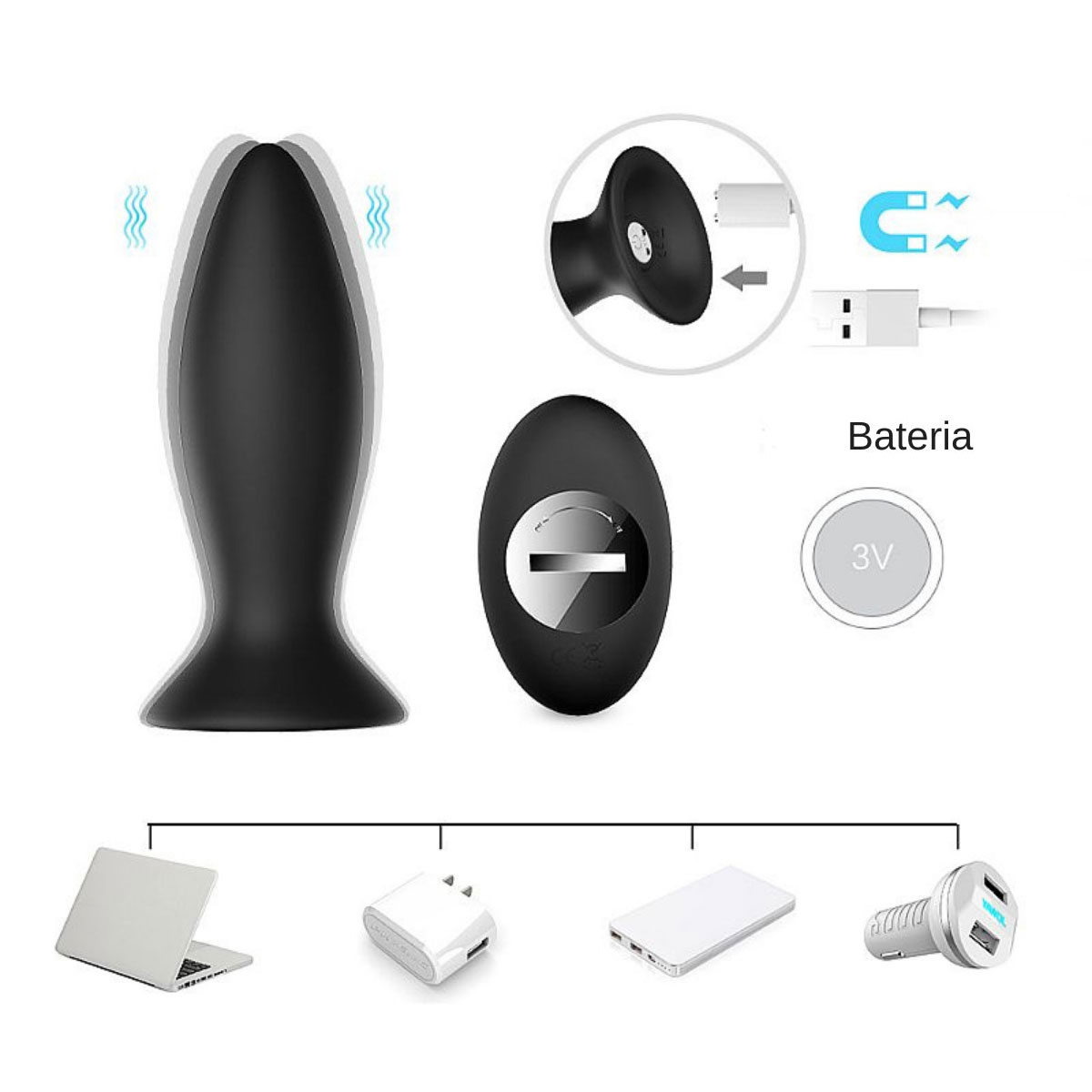 Kit com 3 Plugs Anal e Cápsula Vibratória com 9 Modos de Vibração, Recarregável e Controle Remoto - S-Hande Roar RCT - 4