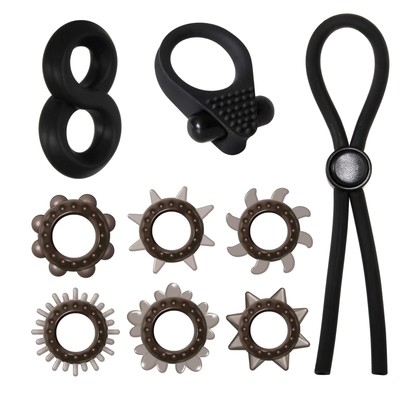Kit de Anéis Penianos com Texturas - Adam e Eve Deluxe Penis Ring Sampler | 9 Itens