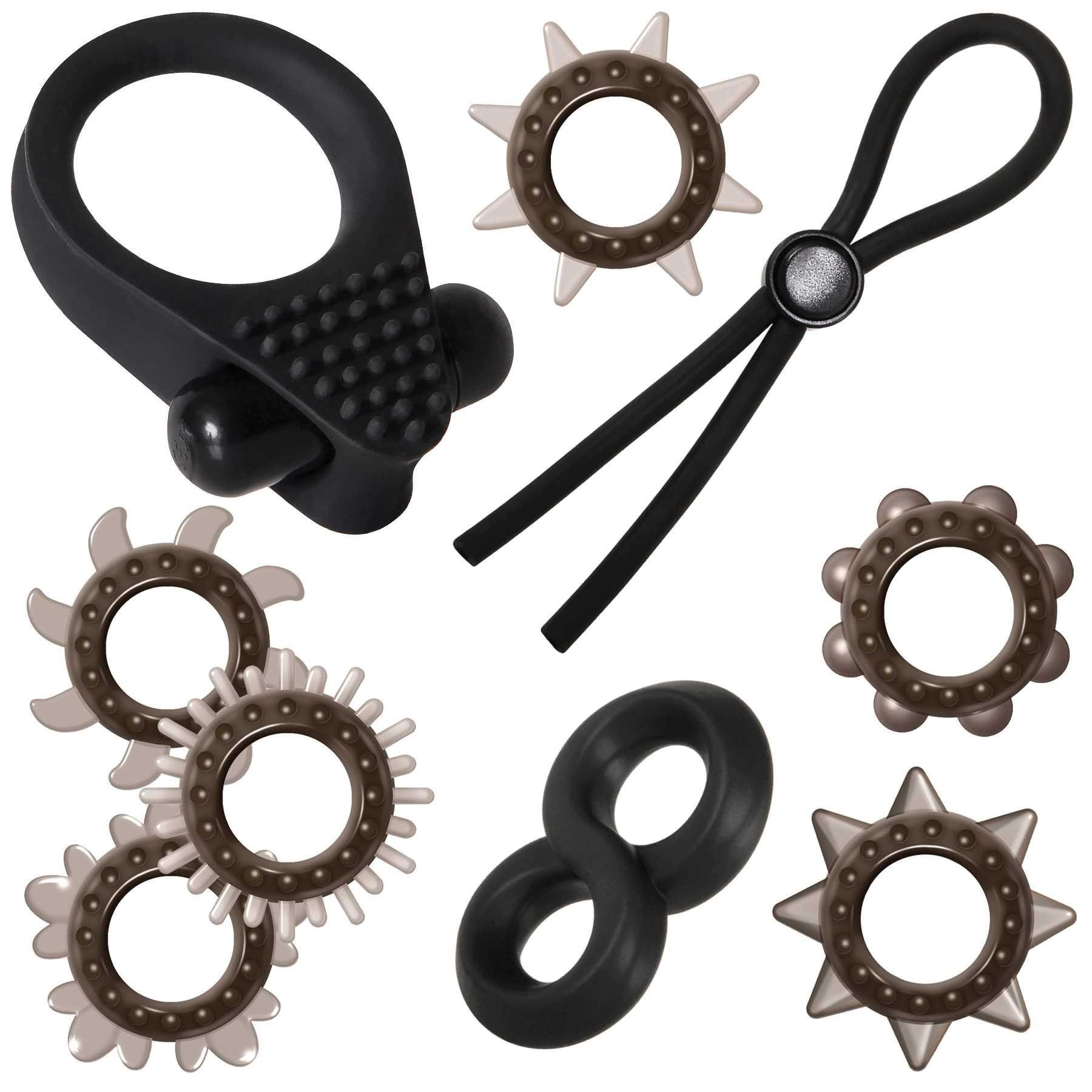 Kit de Anéis Penianos com Texturas - Adam e Eve Deluxe Penis Ring Sampler | 9 Itens - 12