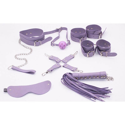 Foto 1 do produto Kit Bondage - Kit com Algema, Tornozeleira, Coleira, Venda, Guia, Chicote e Mordaça - Contém 7 Itens | Cor: Lilás
