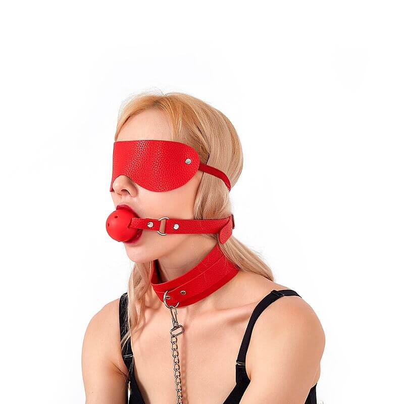Kit Bondage - Kit com Algema, Tornozeleira, Coleira, Venda, Guia, Chicote e Mordaça - Contém 7 Itens | Cor: Vermelho - 2