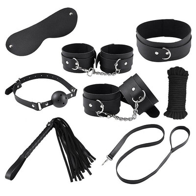 Foto 1 do produto Kit Bondage - Kit Sado Erótico em Couro Sintético com Mordaça, Corda, Coleira, Chicote, Venda, Algemas e Tornozeleiras - Com 7 Itens