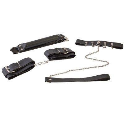 Kit Bondage Sexy com Algemas Ajustáveis, Coleira, Guia e Mordaça em Couro Sintético - Brasil Fetiche | Disponível em 2 Cores