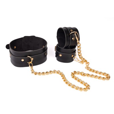 Foto 2 do produto Kit Coleira e Bracelete Gold em Couro Montana com Corrente Guia Dourada - New Star Couros | Tamanho Único