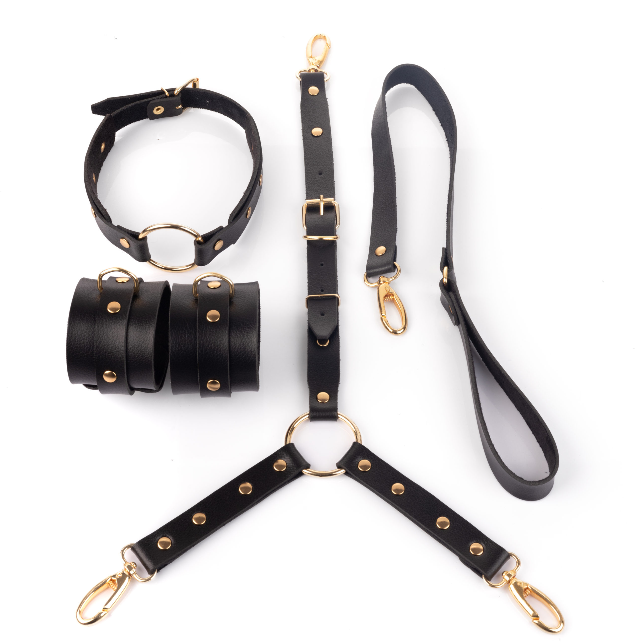 Kit Dominação Hera com 2 Algemas, Coleira, Guia em Couro Montana e Ferragens Douradas - New Star Couros - 2
