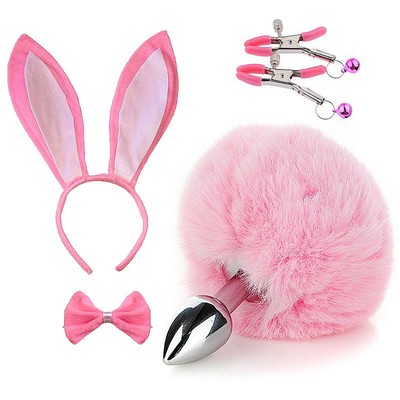 Kit Fetiche III com Plug Rabo de Coelho, Tiara com Orelhas, Grampos para os Seios em Metal com Guizo e Gravatinha Borboleta - Sexy Import