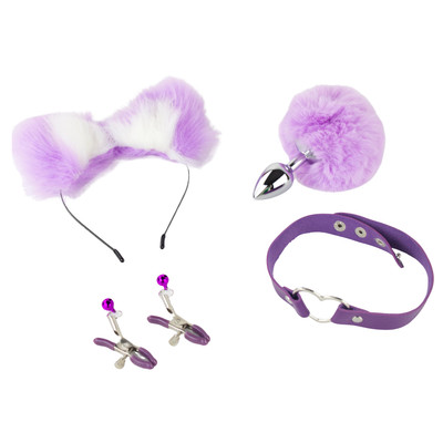 Kit Fetiche em Pelúcia com Tiara de Gatinho, Plug Anal com Pompom, Grampos Para os Seios com Guizo e Coleira de Coração - Sexy Import