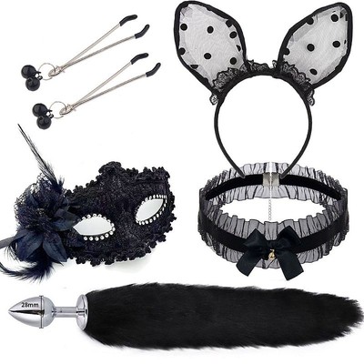 Kit Fetiche com Plug Rabo de Raposa, Tiara de Orelhas, Grampos para os Seios em Metal com Guizo, Máscara Decorada e Gargantilha - Sexy Import