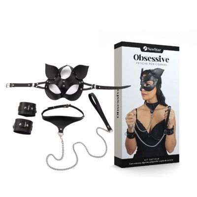 Kit Gatinha com Máscara, Algemas e Gargantilha com Guia - New Star Couros