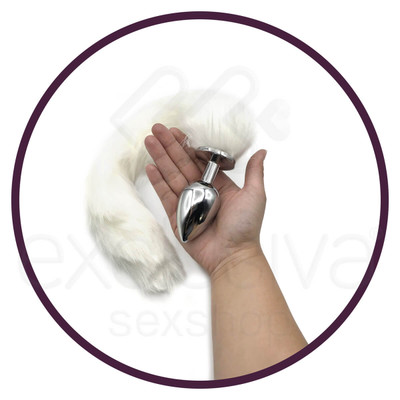 Kit com Plug Anal Feito em Metal com Rabo Artificial e Tiara com Orelhas de Gatinha