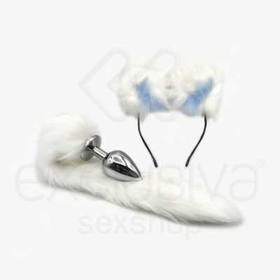 Kit com Plug Anal Feito em Metal com Rabo Artificial e Tiara com Orelhas de Gatinha