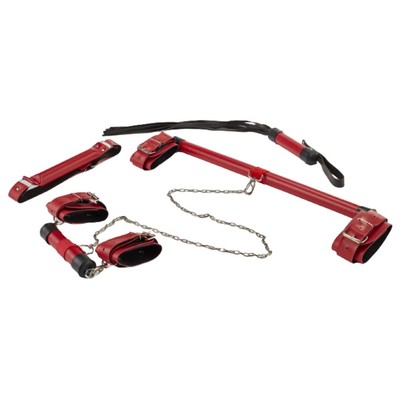 Kit Sacanagem Bondage com Separador de Pernas, Mini Separador de Braços, Algemas, Mordaça e Chicote em Couro Sintético - Brasil Fetiche | Disponível em 2 Cores
