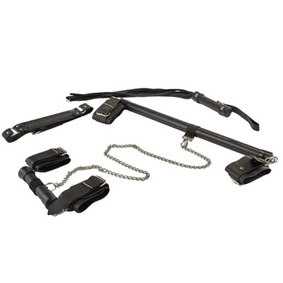 Kit Sacanagem Bondage com Separador de Pernas, Mini Separador de Braços, Algemas, Mordaça e Chicote em Couro Sintético - Brasil Fetiche | Disponível em 2 Cores