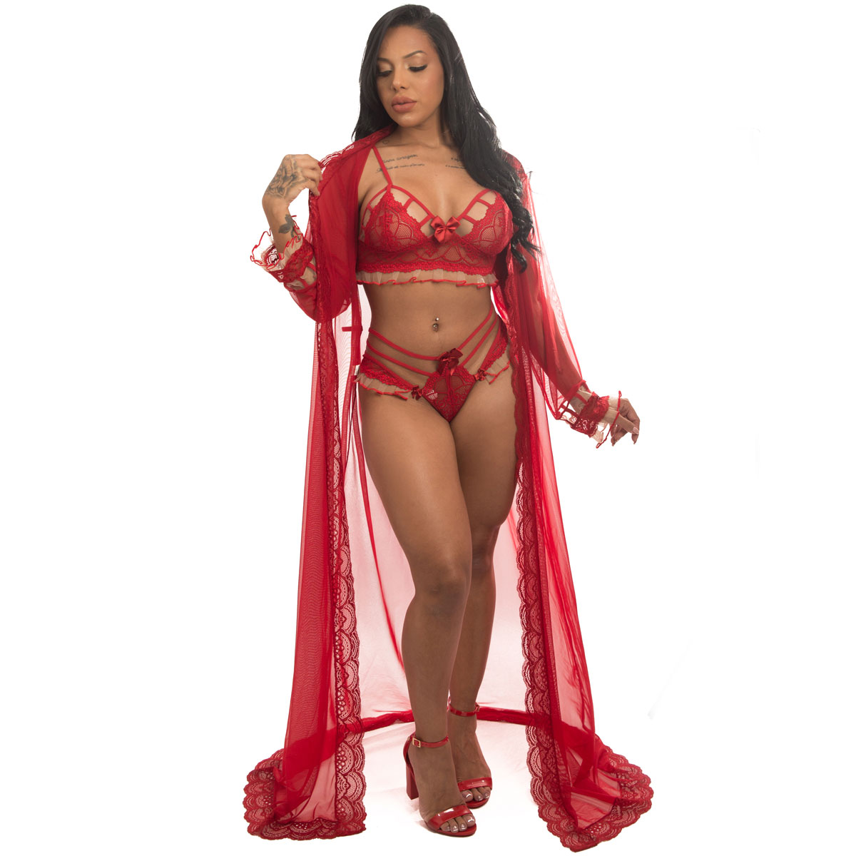 Conjunto Lauren com Robe em Tule e Detalhes de Renda - Lingerie Amor e Sedução | Disponível em 3 Cores e 4 Tamanhos - 3