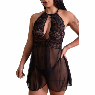 Foto 3 do produto Camisola em Renda com Tule Abertura Frontal e Calcinha Fio Dental - Lingerie Fascino | Disponível em 3 Cores e 4 Tamanhos