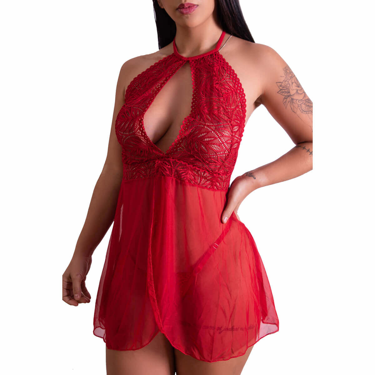 Camisola em Renda com Tule Abertura Frontal e Calcinha Fio Dental - Lingerie Fascino | Disponível em 3 Cores e 4 Tamanhos - 5