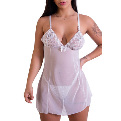 Camisola em Tule com Detalhes em Renda e Calcinha Fio Dental - Lingerie Fascino | Disponível em 3 Cores e 4 Tamanhos