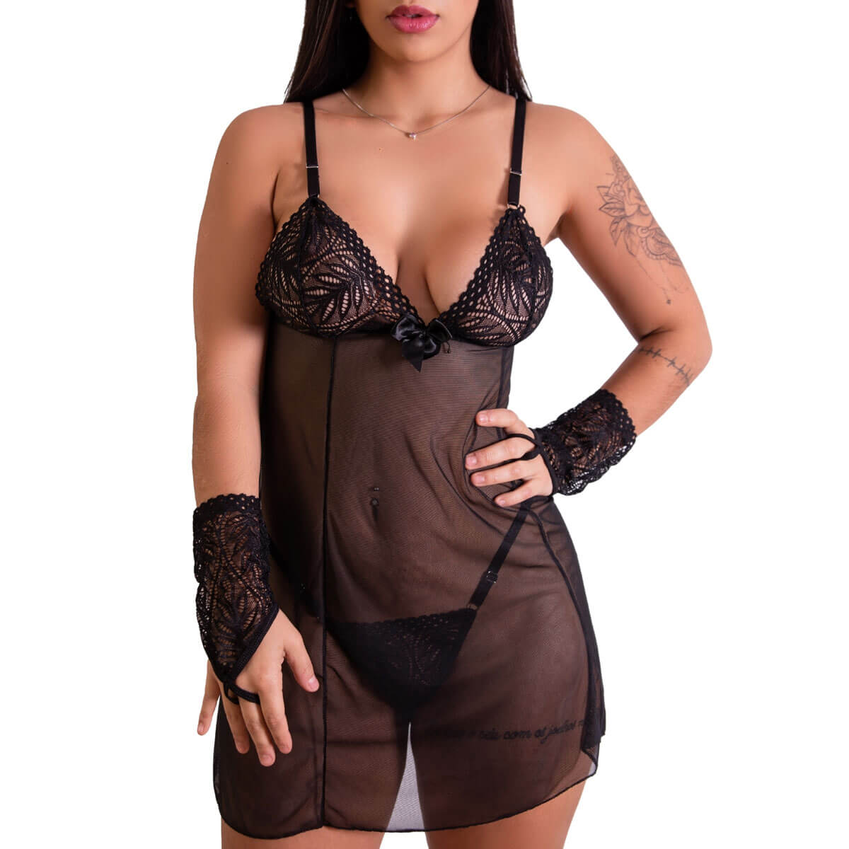 Camisola em Tule com Detalhes em Renda e Calcinha Fio Dental - Lingerie Fascino | Disponível em 3 Cores e 4 Tamanhos - 3
