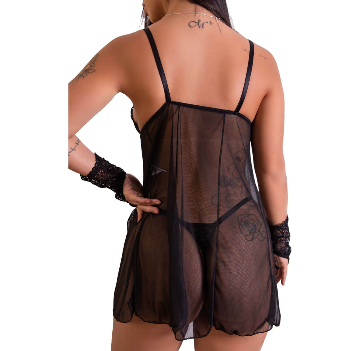 Camisola em Tule com Detalhes em Renda e Calcinha Fio Dental - Lingerie Fascino | Disponível em 3 Cores e 4 Tamanhos - 4