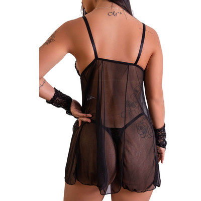 Foto 4 do produto Camisola em Tule com Detalhes em Renda e Calcinha Fio Dental - Lingerie Fascino | Disponível em 3 Cores e 4 Tamanhos