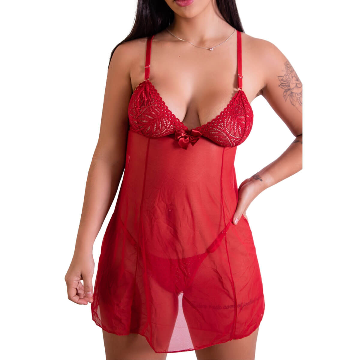 Camisola em Tule com Detalhes em Renda e Calcinha Fio Dental - Lingerie Fascino | Disponível em 3 Cores e 4 Tamanhos - 5