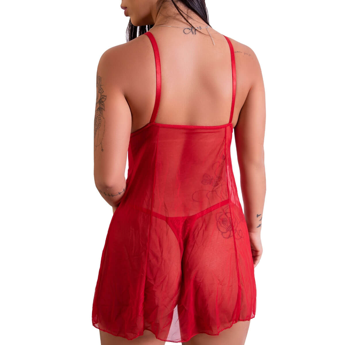 Camisola em Tule com Detalhes em Renda e Calcinha Fio Dental - Lingerie Fascino | Disponível em 3 Cores e 4 Tamanhos - 6
