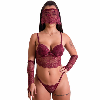 Foto 5 do produto Lingerie Fascino - Conjunto Cropped em Renda com Luvas, Calcinha, Venda para Olhos e Sutiã | Disponível em 4 Cores e 4 Tamanhos