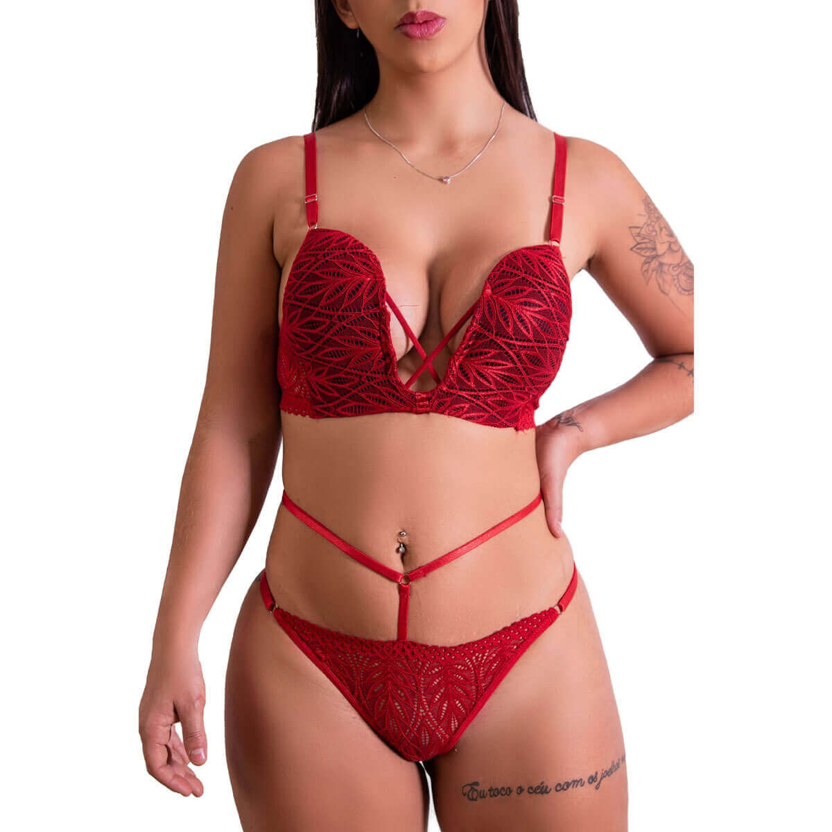 Conjunto em Renda com Decote em U e Calcinha Fio Dental - Fascino Lingerie | Disponível em 3 Cores e 4 Tamanhos - 5
