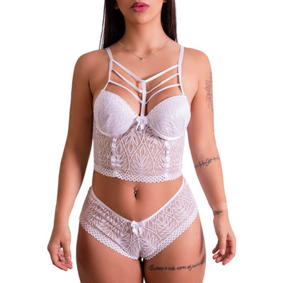 Conjunto Cropped em Renda com Palas, Strappy no Decote e Calcinha Caleçon - Lingerie Fascino | Disponível em 3 Cores e 4 Tamanhos