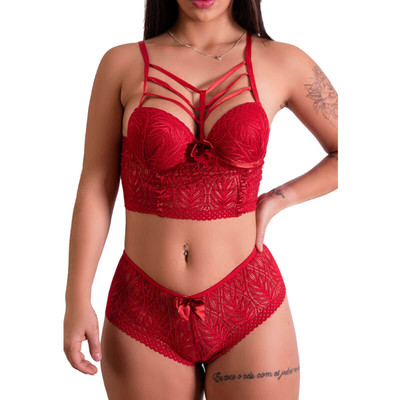 Foto 5 do produto Conjunto Cropped em Renda com Palas, Strappy no Decote e Calcinha Caleçon - Lingerie Fascino | Disponível em 3 Cores e 4 Tamanhos