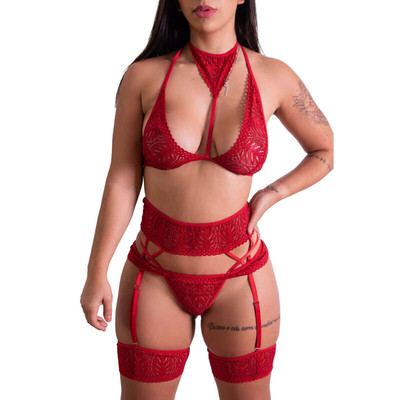 Lingerie Fascino - Conjunto em Renda com Coleira, Cinta Liga e Par de Persex | Disponível em 3 cores e 4 Tamanhos