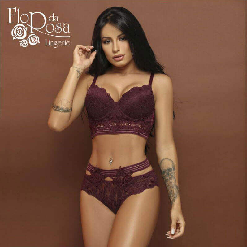 Lingerie Flor da Rosa - Conjunto Cropped em Renda com Guipir | Disponível em 3 Cores e 5 Tamanhos - 1