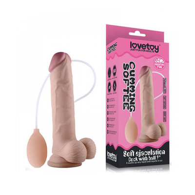 Foto 1 do produto Prótese Realística em TPE com Glande Definida, Veias Salientes, Escroto, Ventosa e Simulador de Ejaculação - Lovetoy Cumming Softee | 18,5 x 4,5 cm