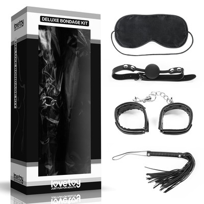 Foto 1 do produto Kit Bondage com Mordaça, Venda, Par de Algemas e Chicote em Couro Sintético - Lovetoy Deluxe Bondage Kit