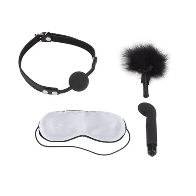 Kit Bondage com Mordaça, Venda, Pluma e Vibrador ponto G com Vibração Única - Lovetoy Deluxe Bondage Kit | 4 Peças