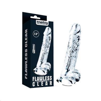 Prótese Peniana Transparente em TPE com Glande Definida, Veias Salientes, Escroto e Ventosa - Lovetoy Flawless Clear 7.5 - 14 x 3,6 cm