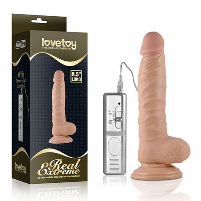 Foto 1 do produto Prótese Realística com Glande Definida, Veias, Escroto, Ventosa e 3 Intensidades de Vibração - Lovetoy Real Extreme - 14,2 x 3,9 cm