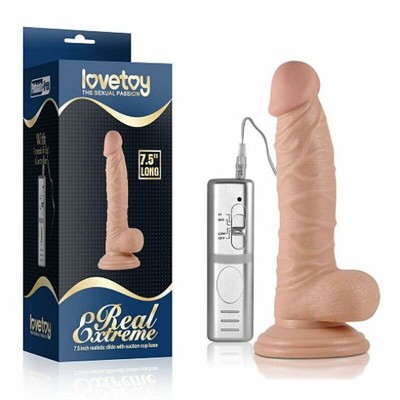 Foto 1 do produto Prótese Realística com Glande, Veias, Escroto, Ventosa e Controle Remoto com 3 Modos de Vibrações - Lovetoy Real Extreme - 14,5 x 4 cm