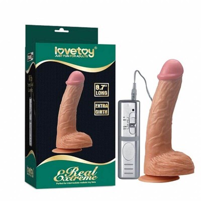 Foto 1 do produto Prótese Realística com Glande, Veias, Ventosa, Escroto e Controle Remoto De Fio com 3 Vibrações - Lovetoy Real Extreme - 18,5 x 5 cm