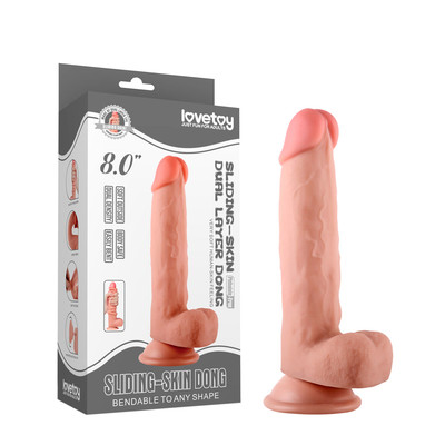 Prótese Realística com Pele Beliscável, Glande Definida, Veias, Escroto e Ventosa - Lovetoy Sliding-Skin Dong 8" | 15,4 x 4 cm