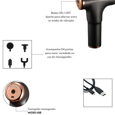 Foto 3 do produto Massageador Corporal Pistola com 4 Ponteiras Estimuladoras Removíveis, 6 Níveis de Intensidade e Recarregável - Fascial Gun