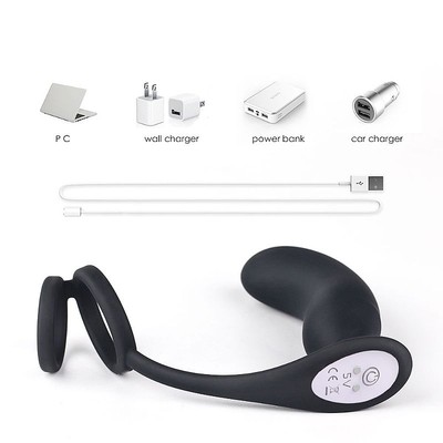 Foto 3 do produto Massageador de Próstata Recarregável, Feito em Silicone com Anel Duplo e 9 Modos de Vibração - S-Hande Lanco | 10,5 x 2,9 cm