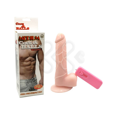 Foto 1 do produto Medium Cock & Balls Vibrating - Prótese Peniana em Silicone com Vibração Multivelocidade, Controle Remoto com Fio e Base Feita em Ventosa - 15,5 x 3,6 cm | Cor: Bege