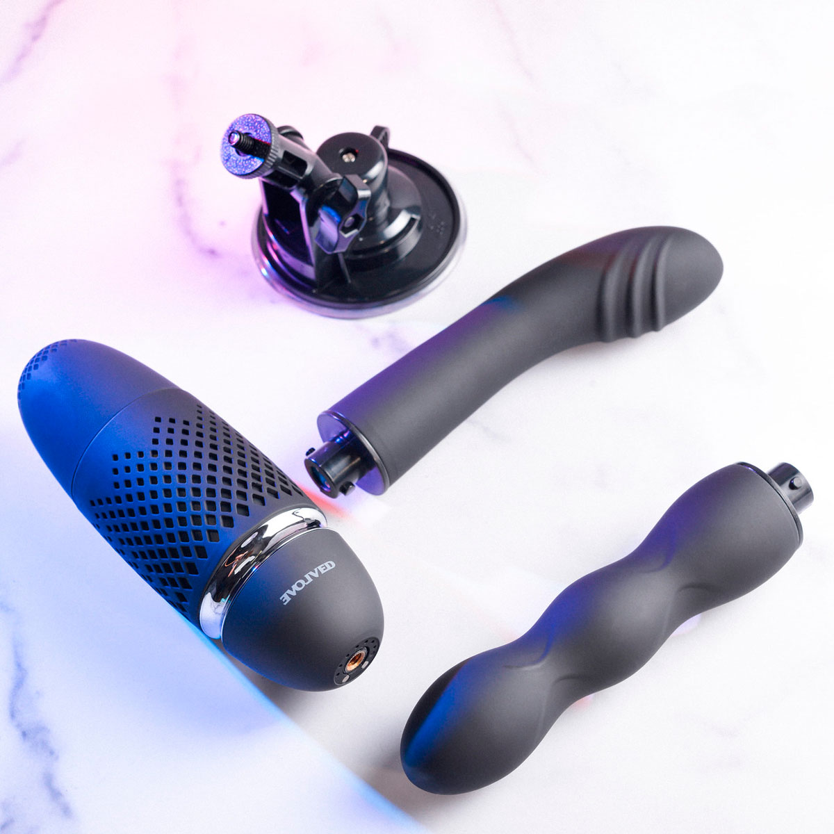 Mini Maquina do Sexo com 2 Penetradores, 7 Modos De Vibração, Função Vai e Vem, Luz Lud e Ventosa - Evolved Thrust & Go | 14,5 x 3,6 cm - 2