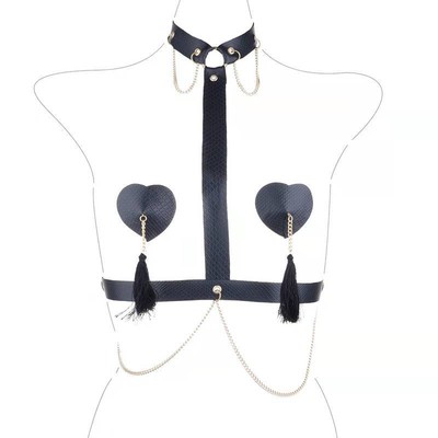 Foto 1 do produto Nipple Cover em Forma de Coração com Franja e Choker Harness - Pleasure Dreams