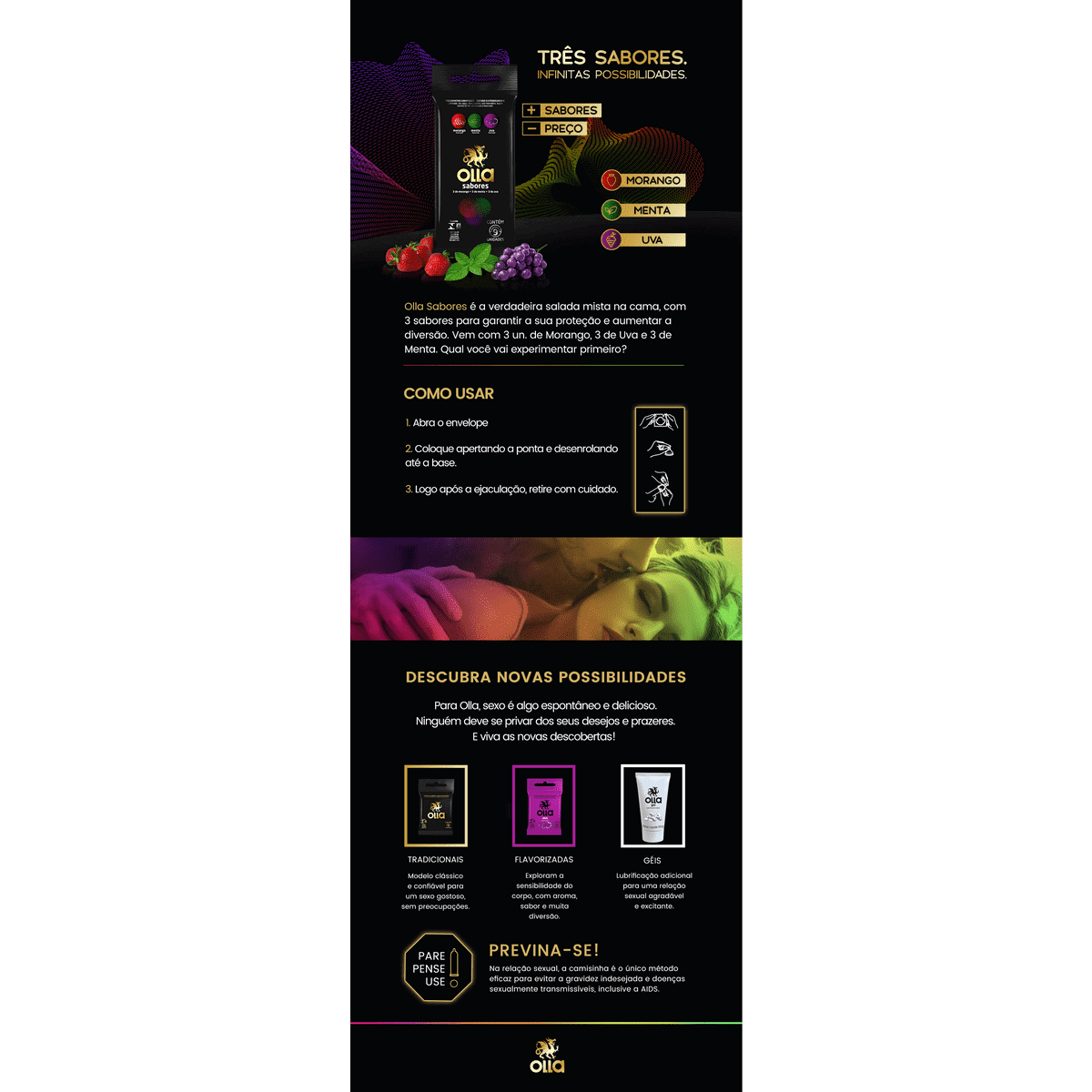 Olla Sabores - Preservativo com Sabores de Morango, Menta e Uva - 9 Preservativos - 2