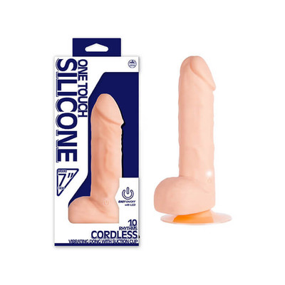 Foto 1 do produto One Touch Silicone - Prótese Realística em Forma de Pênis Ereto com Glande Definida,  Veias Salientes, Escroto, Ventosa e 10 Modos de Vibração - 13,5 x 4 CM