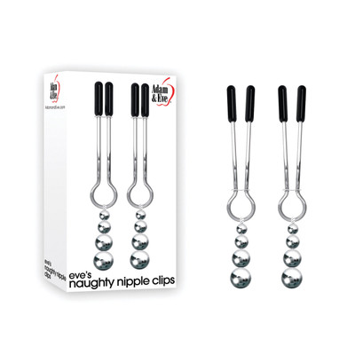Grampos para Mamilos em Metal Prateado com Pontas de Borracha e Pesos de Esferas Gradativas - Adam & Eve Eve's Naughty Nipple Clips | 2 Unidades